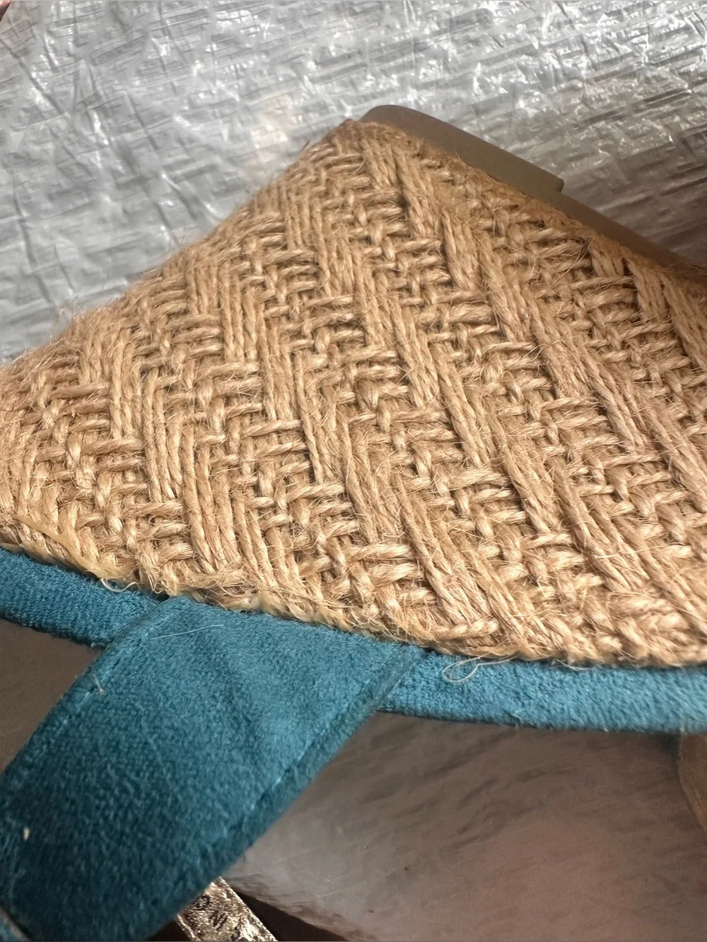 attention Teal Espadrille Wedge Sandals with Braided Jute Platform